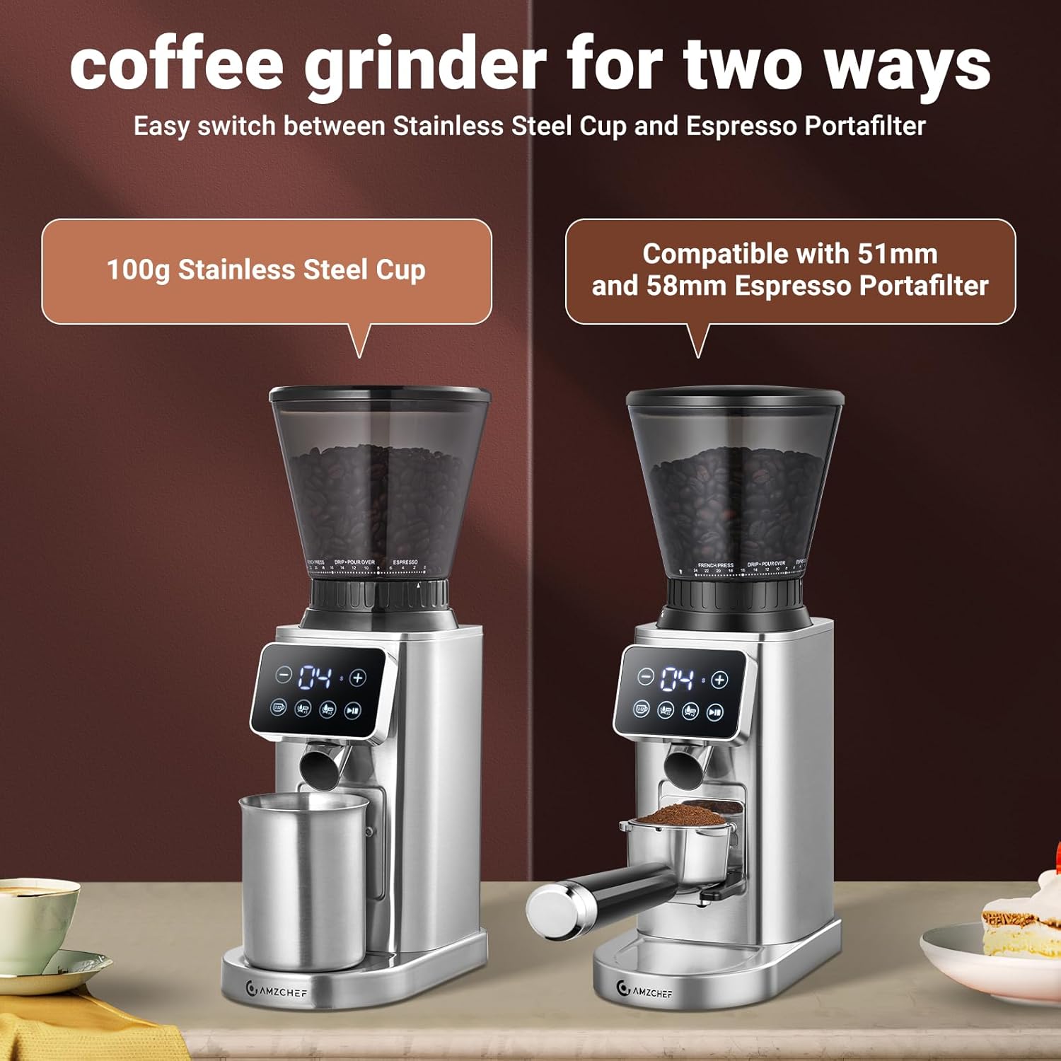 AMZCHEF Electric-Coffee-Grinder, Burr Coffee Grinder with 45 Precise Grind Settings, Adjustable Portafilter Holder & LED Touchscreen - Anti-Static, Memory Function, Easy Clean