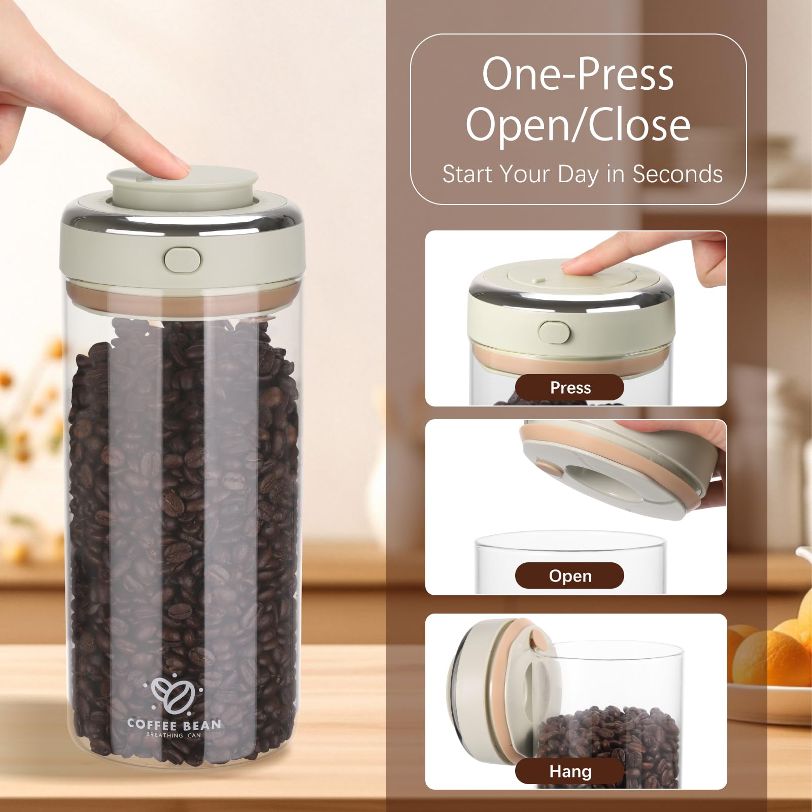 1700ML Airtight Coffee Canister with One-way CO2 Valve, Borosilicate Glass Coffee Bean Storage Jar with Date Tracker, Wide-Mouth Kitchen Storage Container for Sugar, Tea, Nuts