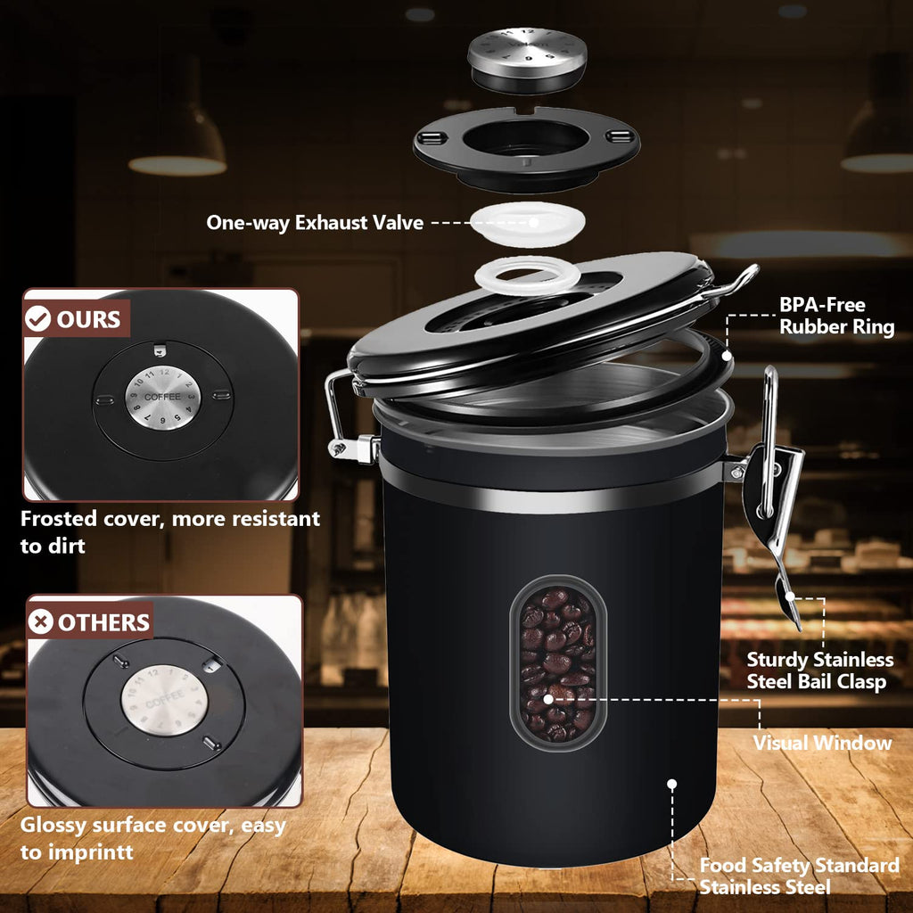 1800ML Airtight Coffee Canister with Date Tracker Transparent Window, 22.8OZ Coffe Beans Storage with 30ML Measure Spoon&4 co2 Valve, Kitchen Food Storage Container for Grounds Coffee,Beans&Tea(Black)
