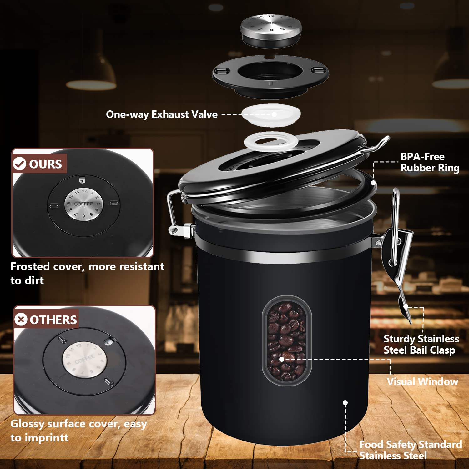 1800ML Airtight Coffee Canister with Date Tracker Transparent Window, 22.8OZ Coffe Beans Storage with 30ML Measure Spoon&4 co2 Valve, Kitchen Food Storage Container for Grounds Coffee,Beans&Tea(Black)