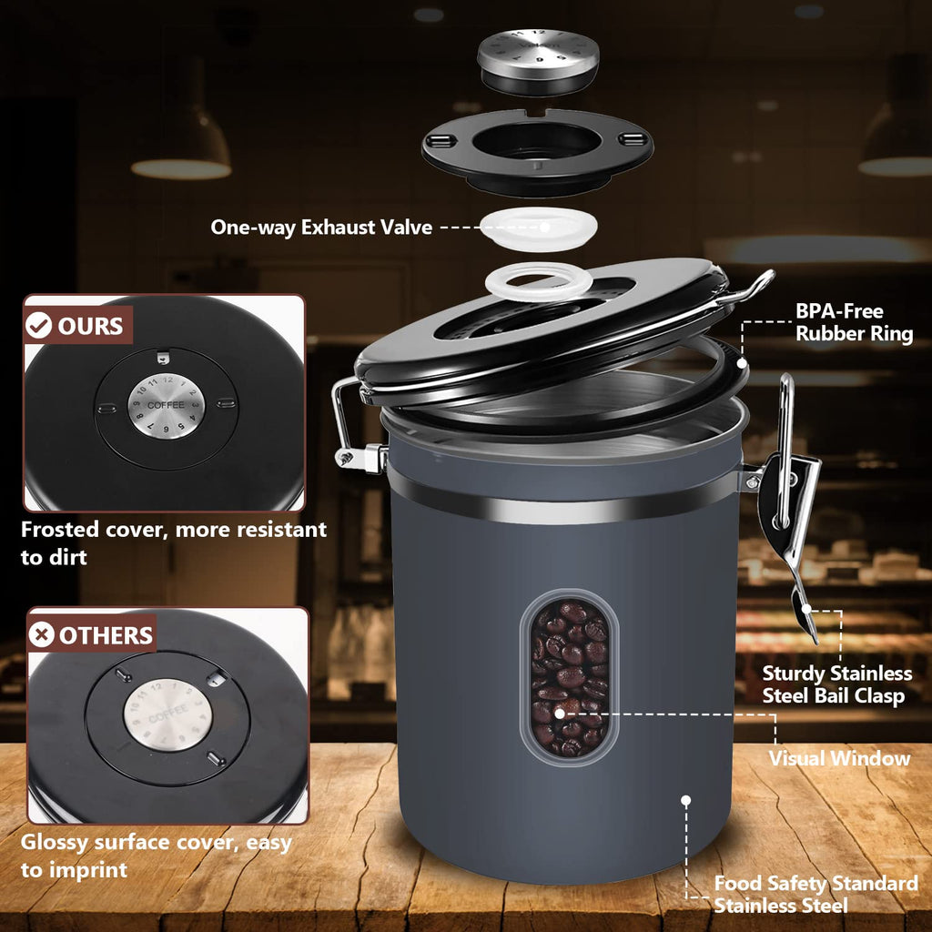 1800ML Airtight Coffee Canister with Date Tracker Transparent Window, 22.8OZ Coffe Beans Storage with 30ML Measure Spoon&4 co2 Valve, Kitchen Food Storage Container for Grounds Coffee,Beans&Tea(Black)
