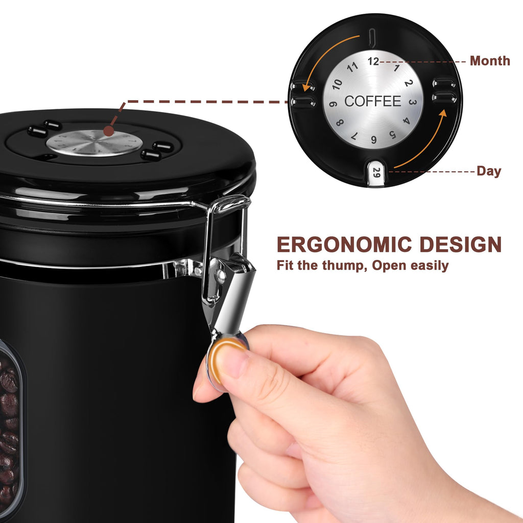 1800ML Airtight Coffee Canister with Date Tracker Transparent Window, 22.8OZ Coffe Beans Storage with 30ML Measure Spoon&4 co2 Valve, Kitchen Food Storage Container for Grounds Coffee,Beans&Tea(Black)