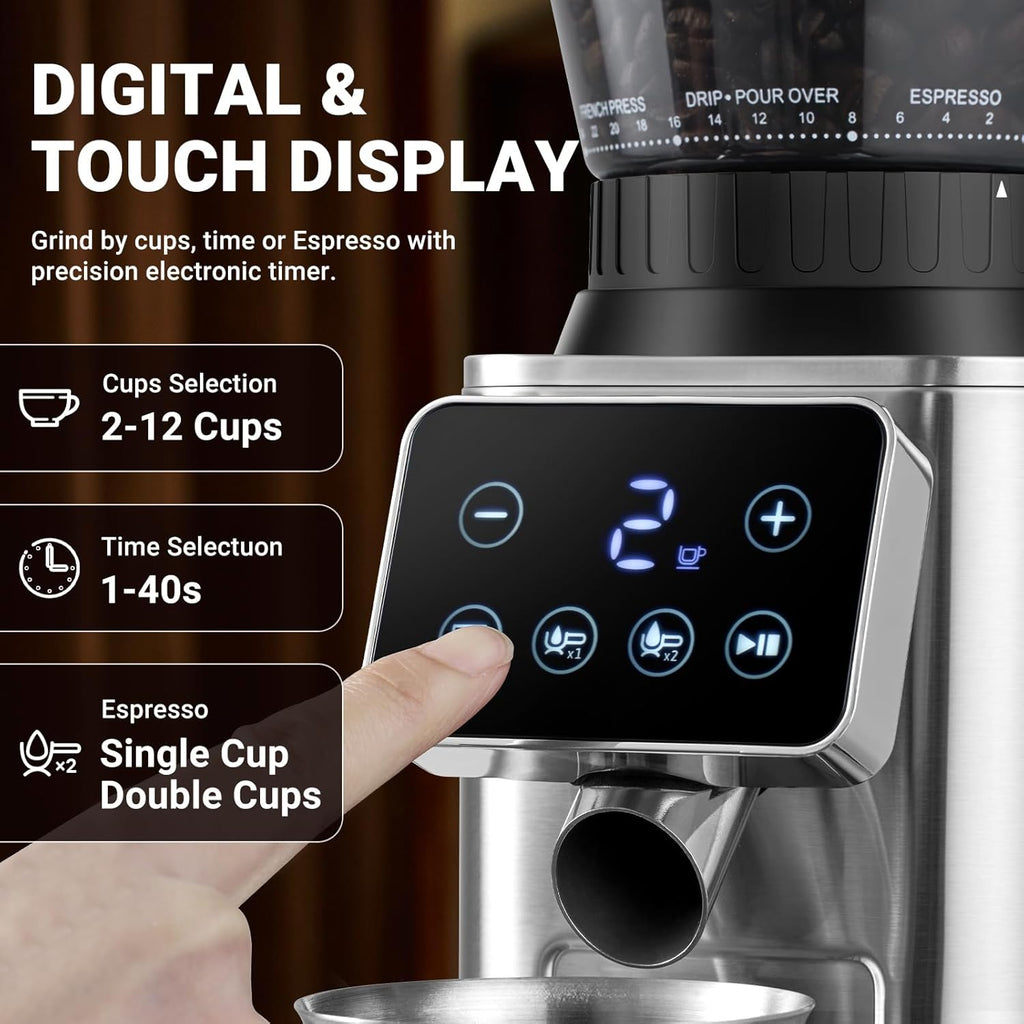 AMZCHEF Electric-Coffee-Grinder, Burr Coffee Grinder with 45 Precise Grind Settings, Adjustable Portafilter Holder & LED Touchscreen - Anti-Static, Memory Function, Easy Clean