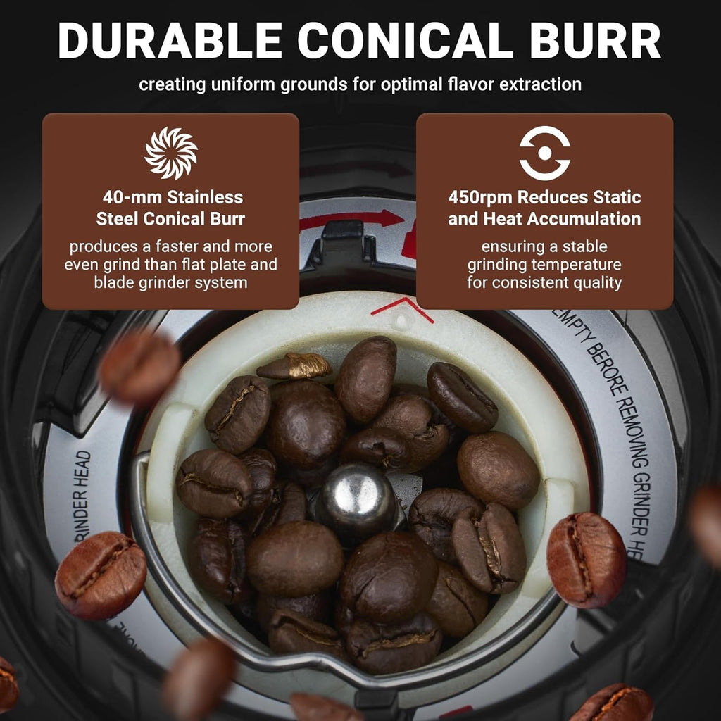 AMZCHEF Electric-Coffee-Grinder, Burr Coffee Grinder with 45 Precise Grind Settings, Adjustable Portafilter Holder & LED Touchscreen - Anti-Static, Memory Function, Easy Clean