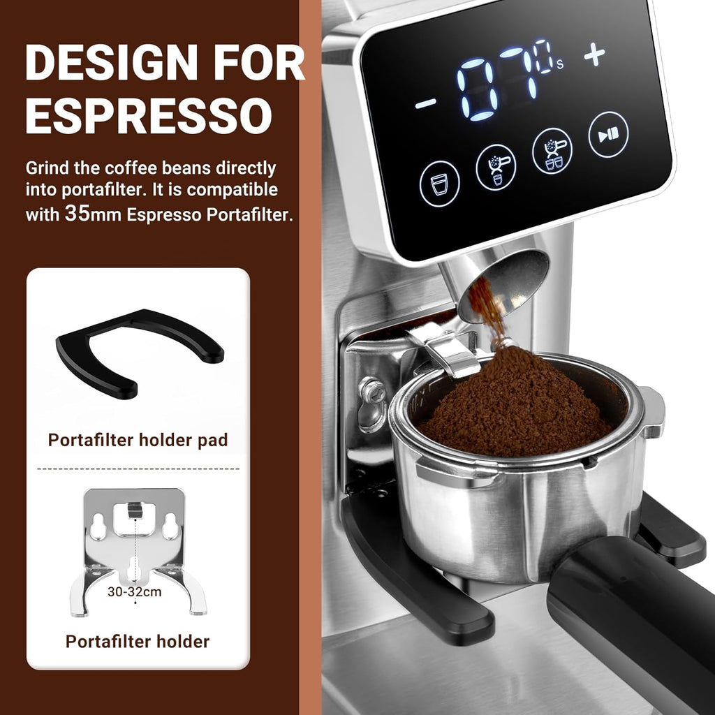 AMZCHEF Electric-Coffee-Grinder, Burr Coffee Grinder with 45 Precise Grind Settings, Adjustable Portafilter Holder & LED Touchscreen - Anti-Static, Memory Function, Easy Clean