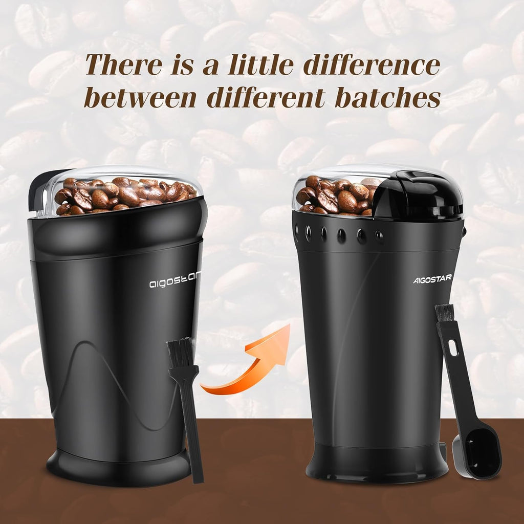 Aigostar Electric Coffee Grinder, Stainless Steel Blade, 200W, 60g Capacity, Cord Storage, Portable & Compact for Coffee Beans, Spice, Nuts, Seeds, Herbs, Black - Breath 30KYI.
