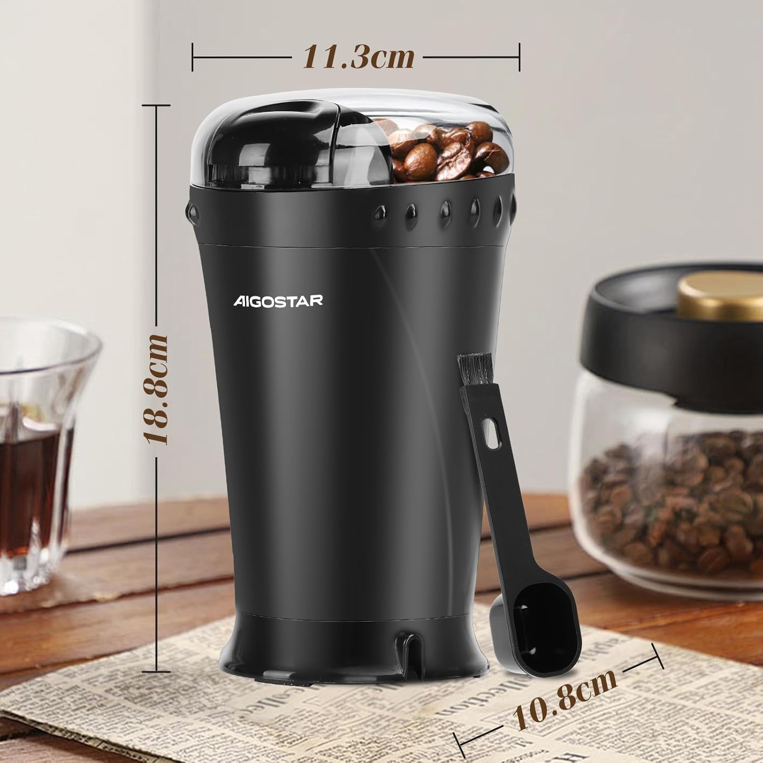 Aigostar Electric Coffee Grinder, Stainless Steel Blade, 200W, 60g Capacity, Cord Storage, Portable & Compact for Coffee Beans, Spice, Nuts, Seeds, Herbs, Black - Breath 30KYI.