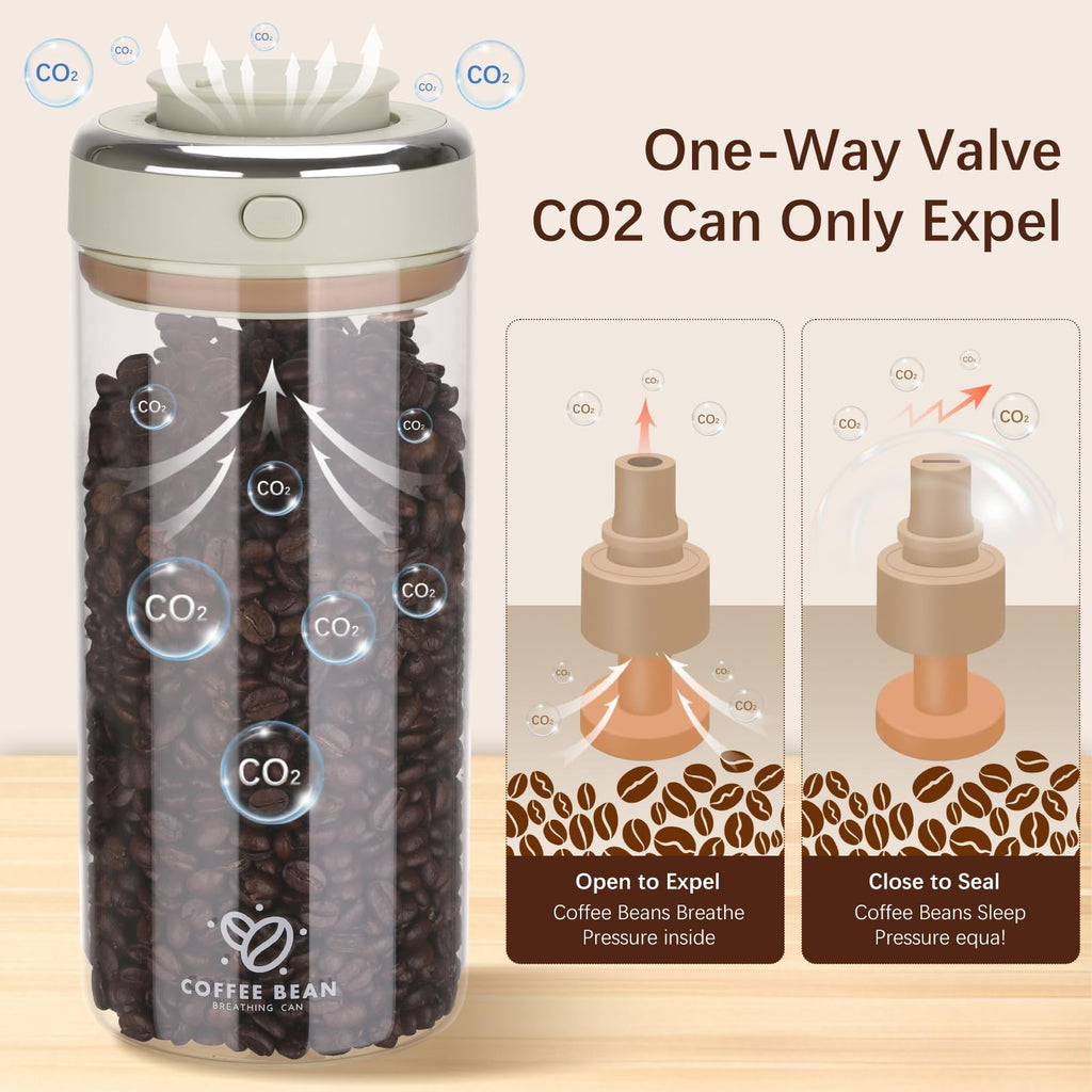 1700ML Airtight Coffee Canister with One-way CO2 Valve, Borosilicate Glass Coffee Bean Storage Jar with Date Tracker, Wide-Mouth Kitchen Storage Container for Sugar, Tea, Nuts