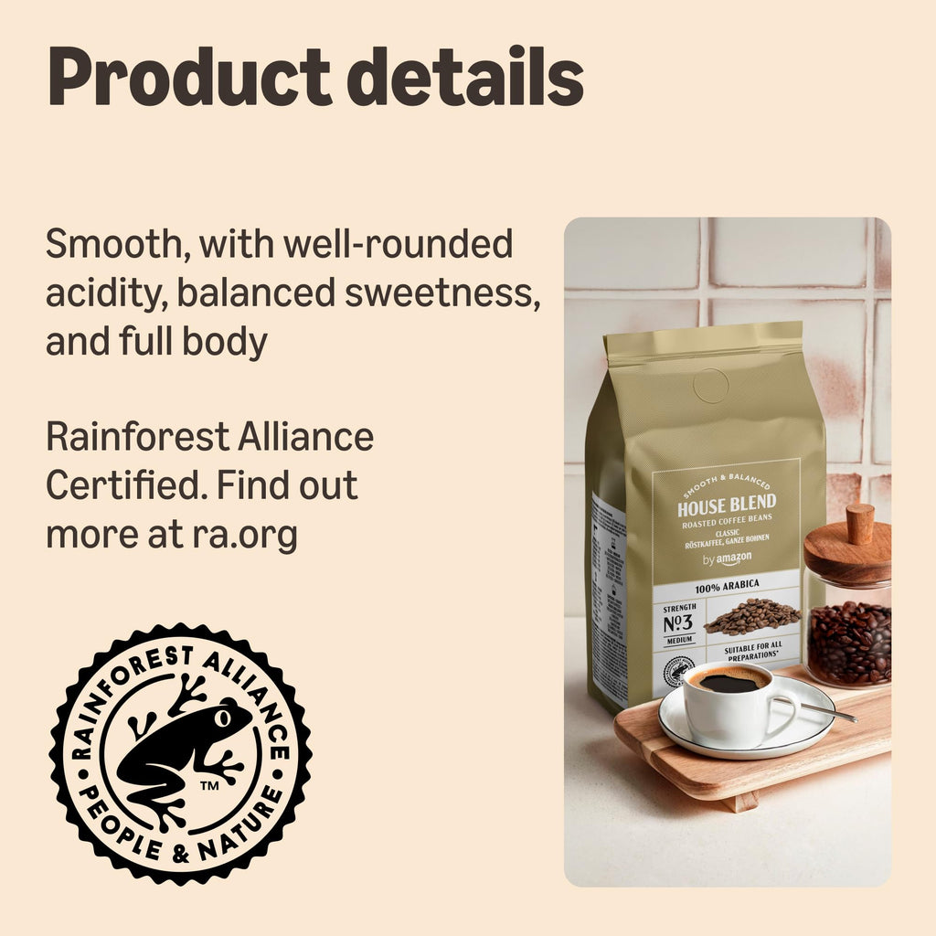 by Amazon House Blend Coffee Beans, Medium Roast, 1kg, Rainforest Alliance Certified
