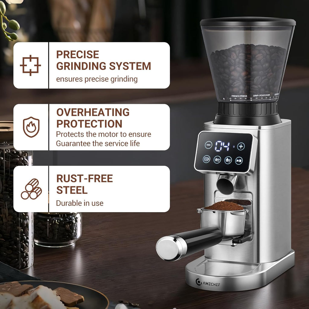 AMZCHEF Electric-Coffee-Grinder, Burr Coffee Grinder with 45 Precise Grind Settings, Adjustable Portafilter Holder & LED Touchscreen - Anti-Static, Memory Function, Easy Clean