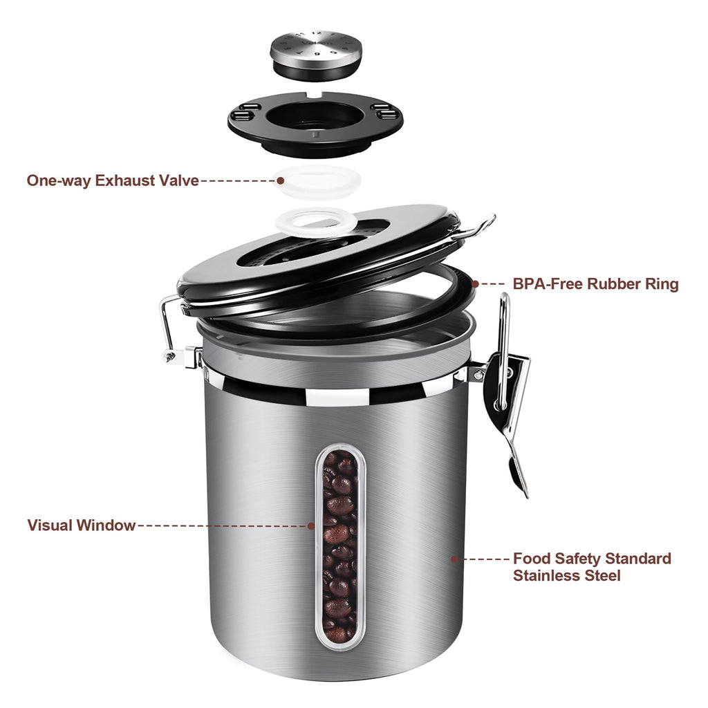 1800ML Airtight Coffee Canister with Date Tracker Transparent Window, 22.8OZ Coffe Beans Storage with 30ML Measure Spoon&4 co2 Valve, Kitchen Food Storage Container for Grounds Coffee,Beans&Tea(Black)