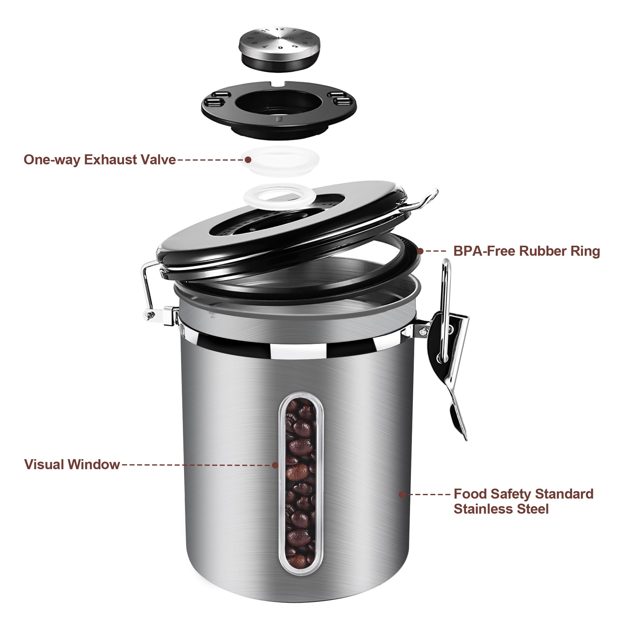 1800ML Airtight Coffee Canister with Date Tracker Transparent Window, 22.8OZ Coffe Beans Storage with 30ML Measure Spoon&4 co2 Valve, Kitchen Food Storage Container for Grounds Coffee,Beans&Tea(Black)