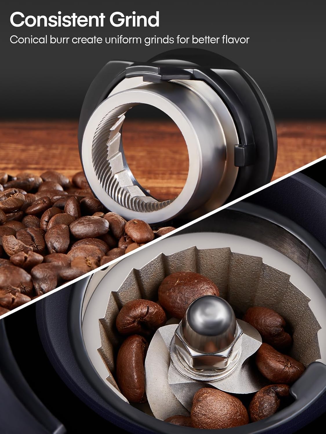 FOHERE Conical Burr Coffee Grinder Electric, Coffee Bean Grinder with 35 Precise Grind Setting, Adjustable Burr Grinders, Anti-static Burr Coffee Grinder for Espresso, Drip Coffee, French Press, Black