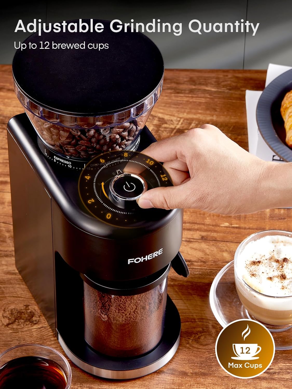 FOHERE Conical Burr Coffee Grinder Electric, Coffee Bean Grinder with 35 Precise Grind Setting, Adjustable Burr Grinders, Anti-static Burr Coffee Grinder for Espresso, Drip Coffee, French Press, Black