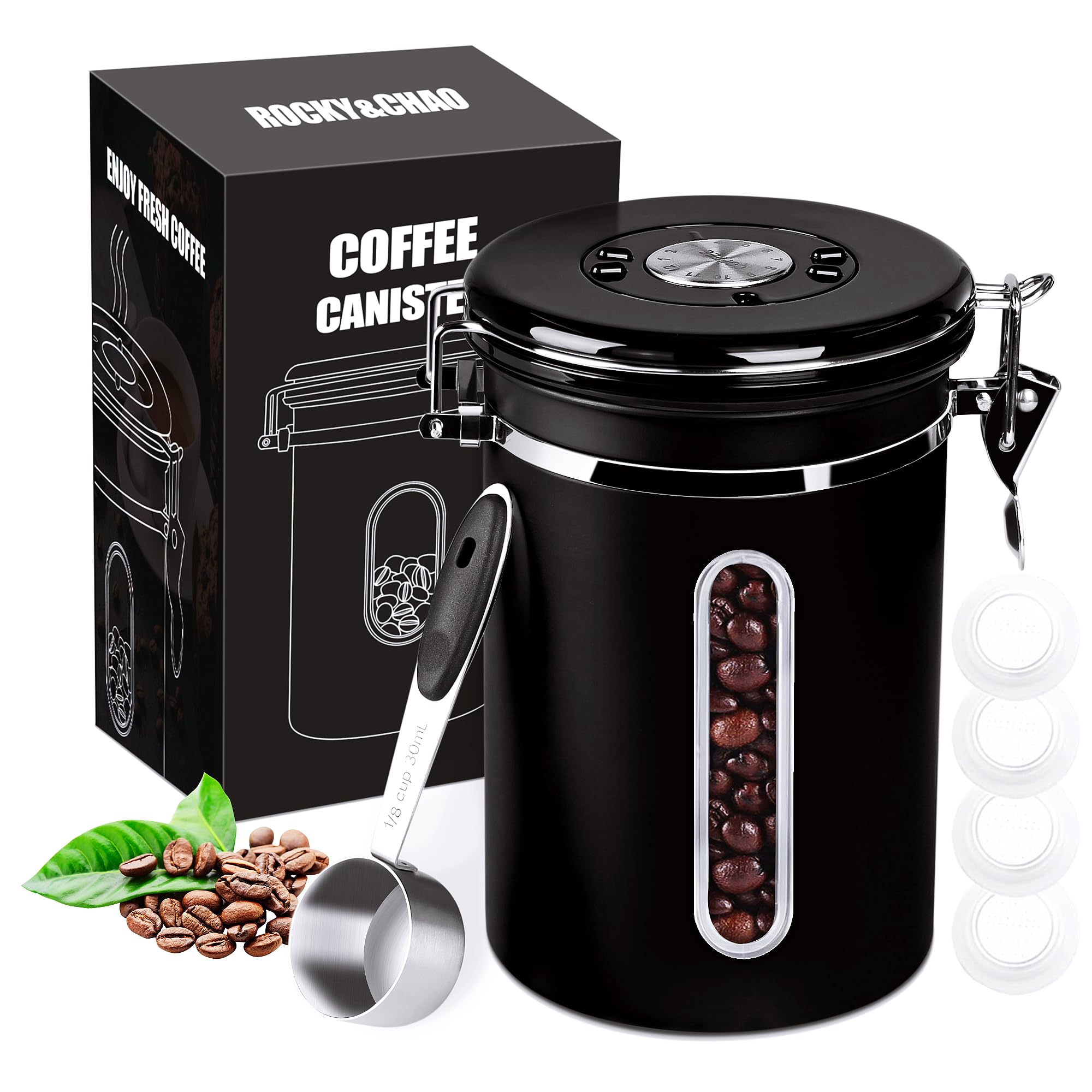 1800ML Airtight Coffee Canister with Date Tracker Transparent Window, 22.8OZ Coffe Beans Storage with 30ML Measure Spoon&4 co2 Valve, Kitchen Food Storage Container for Grounds Coffee,Beans&Tea(Black)