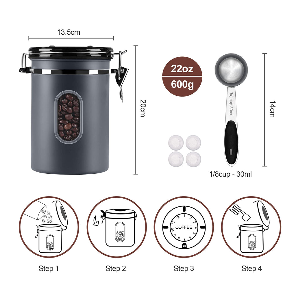 1800ML Airtight Coffee Canister with Date Tracker Transparent Window, 22.8OZ Coffe Beans Storage with 30ML Measure Spoon&4 co2 Valve, Kitchen Food Storage Container for Grounds Coffee,Beans&Tea(Black)