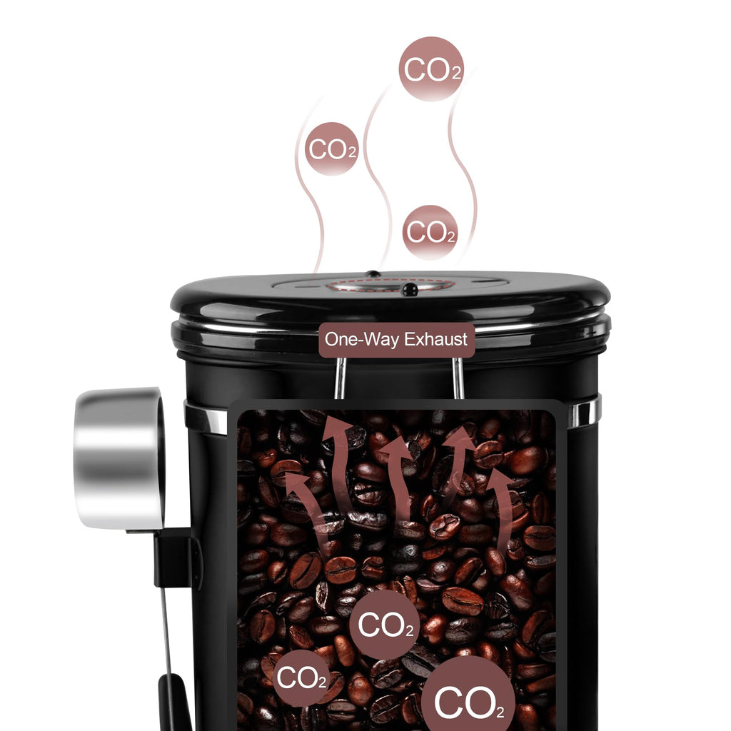 1800ML Airtight Coffee Canister with Date Tracker Transparent Window, 22.8OZ Coffe Beans Storage with 30ML Measure Spoon&4 co2 Valve, Kitchen Food Storage Container for Grounds Coffee,Beans&Tea(Black)