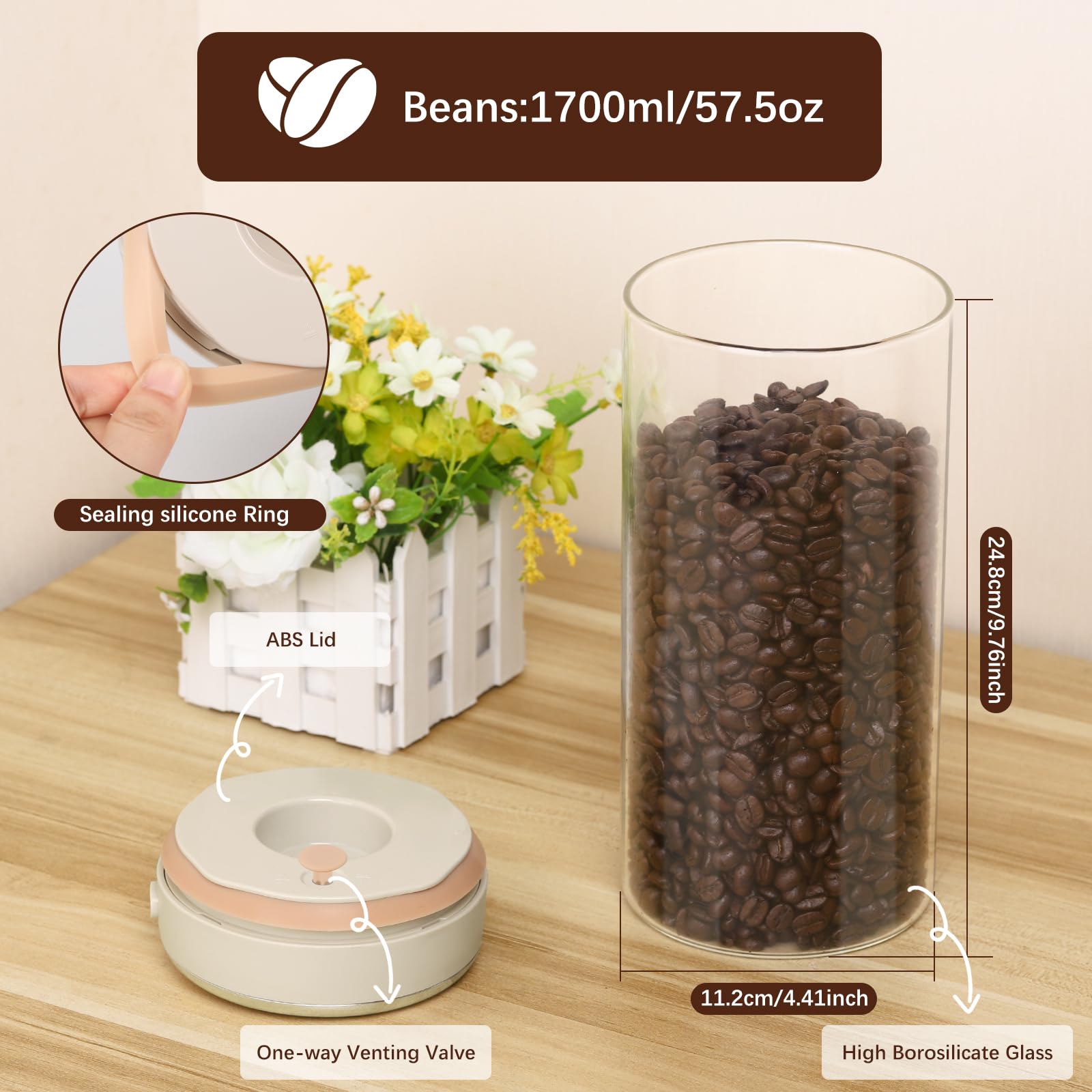 1700ML Airtight Coffee Canister with One-way CO2 Valve, Borosilicate Glass Coffee Bean Storage Jar with Date Tracker, Wide-Mouth Kitchen Storage Container for Sugar, Tea, Nuts