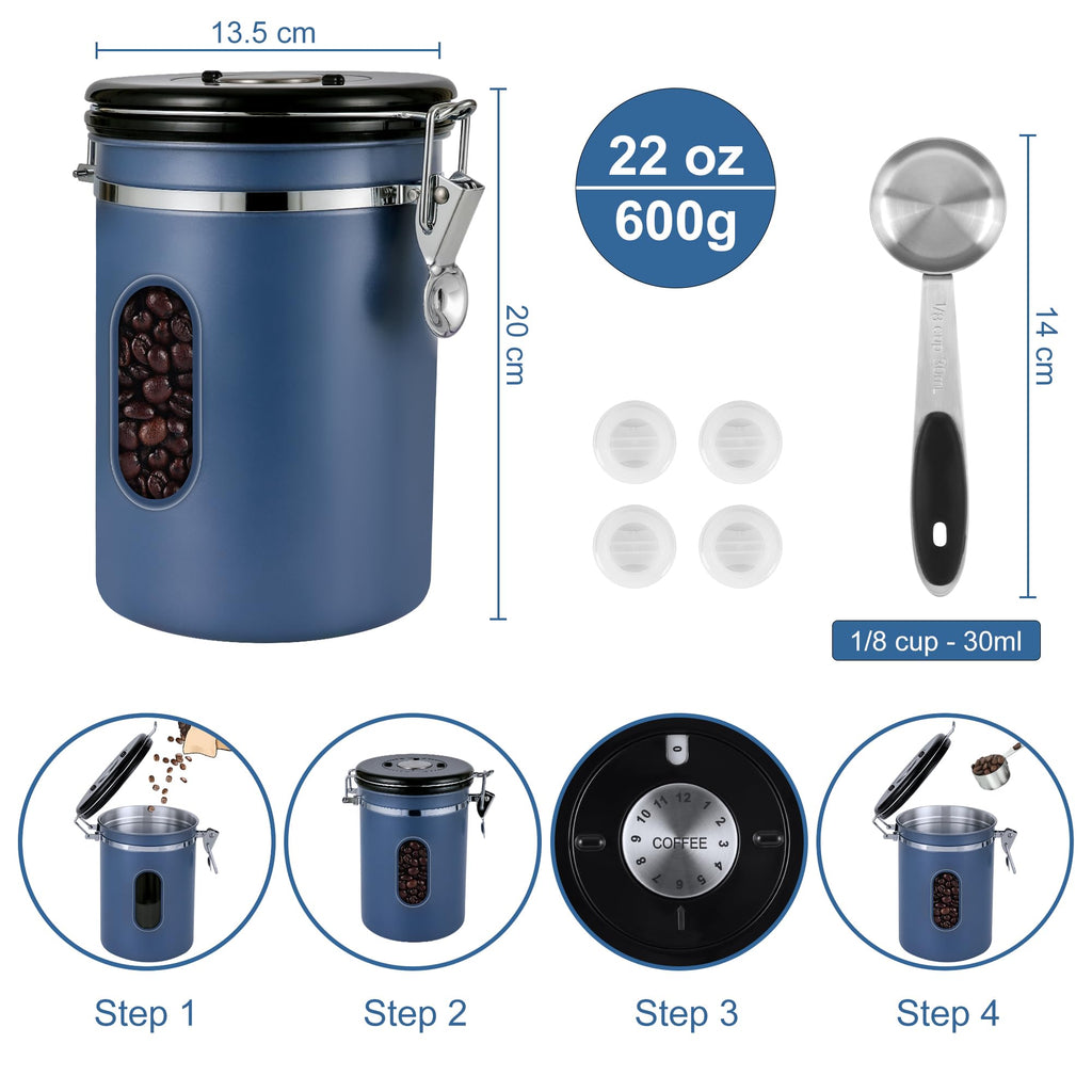 1800ML Airtight Coffee Canister with Date Tracker Transparent Window, 22.8OZ Coffe Beans Storage with 30ML Measure Spoon&4 co2 Valve, Kitchen Food Storage Container for Grounds Coffee,Beans&Tea(Black)