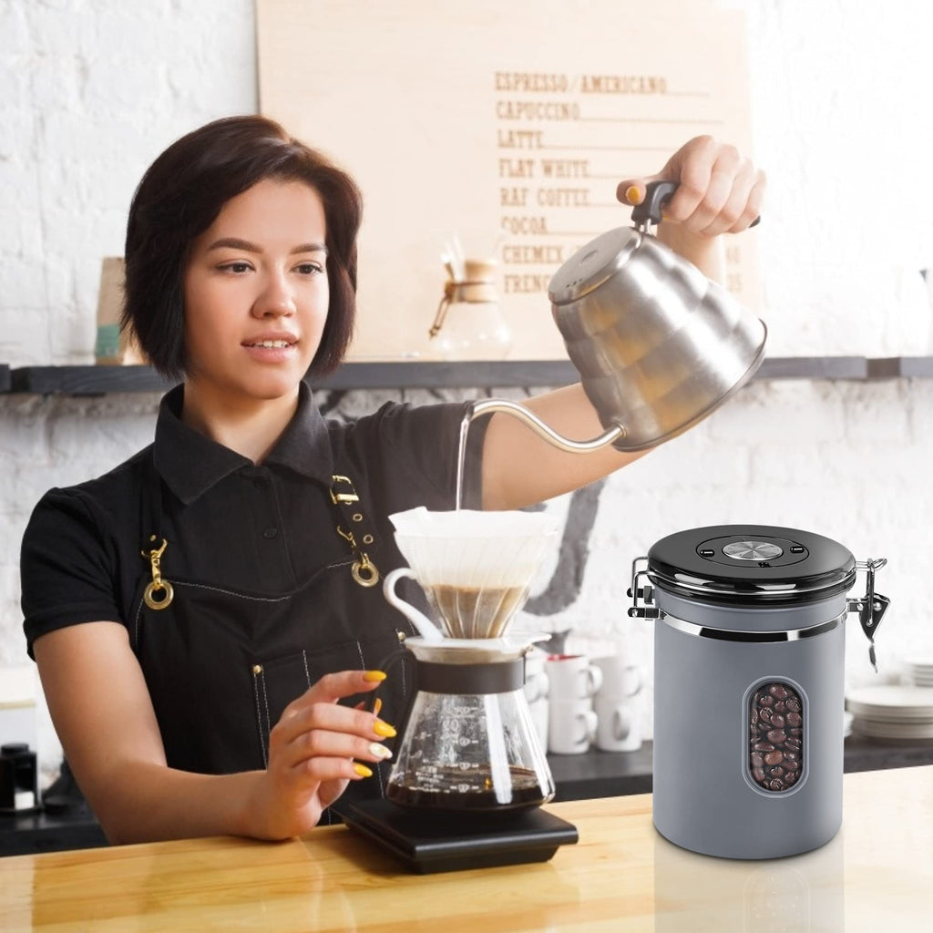 1800ML Airtight Coffee Canister with Date Tracker Transparent Window, 22.8OZ Coffe Beans Storage with 30ML Measure Spoon&4 co2 Valve, Kitchen Food Storage Container for Grounds Coffee,Beans&Tea(Black)