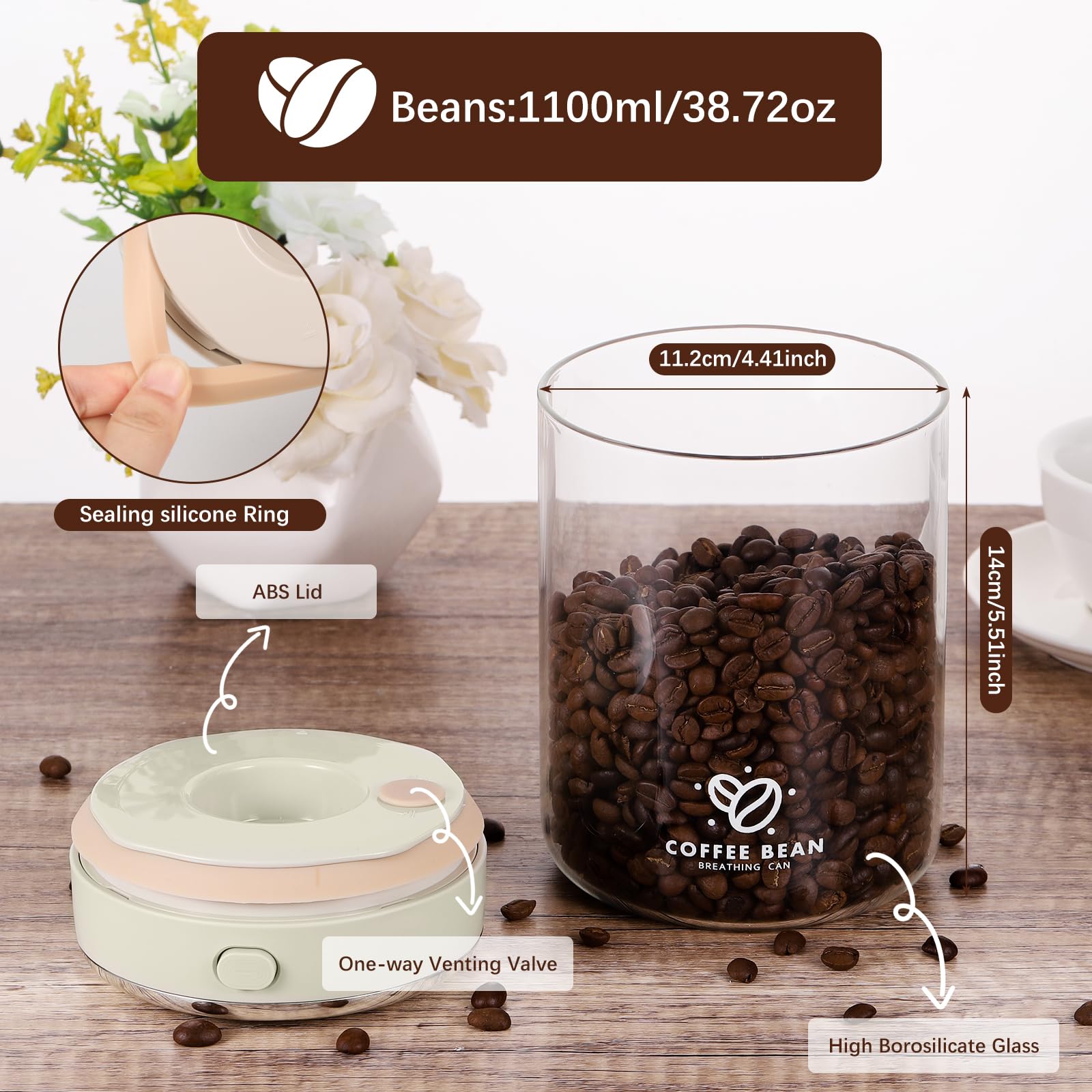 1700ML Airtight Coffee Canister with One-way CO2 Valve, Borosilicate Glass Coffee Bean Storage Jar with Date Tracker, Wide-Mouth Kitchen Storage Container for Sugar, Tea, Nuts
