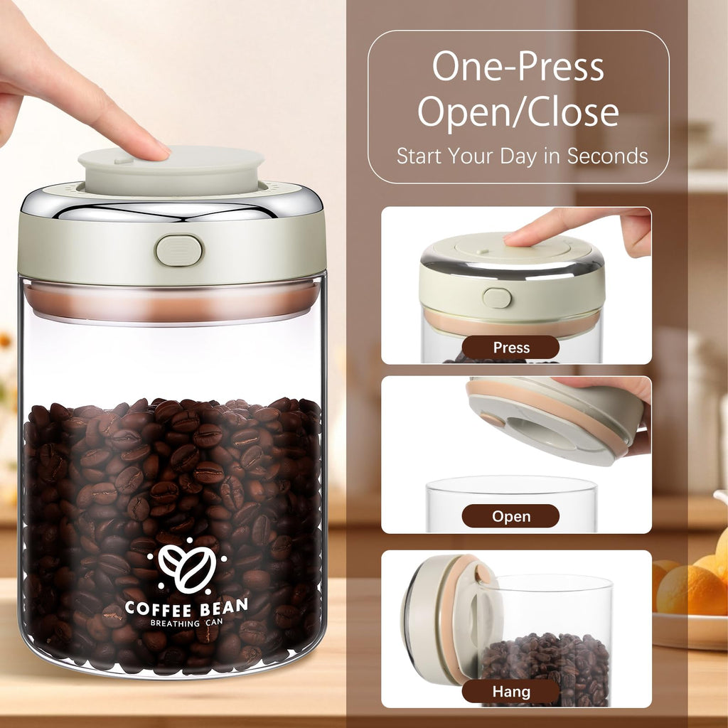 1700ML Airtight Coffee Canister with One-way CO2 Valve, Borosilicate Glass Coffee Bean Storage Jar with Date Tracker, Wide-Mouth Kitchen Storage Container for Sugar, Tea, Nuts
