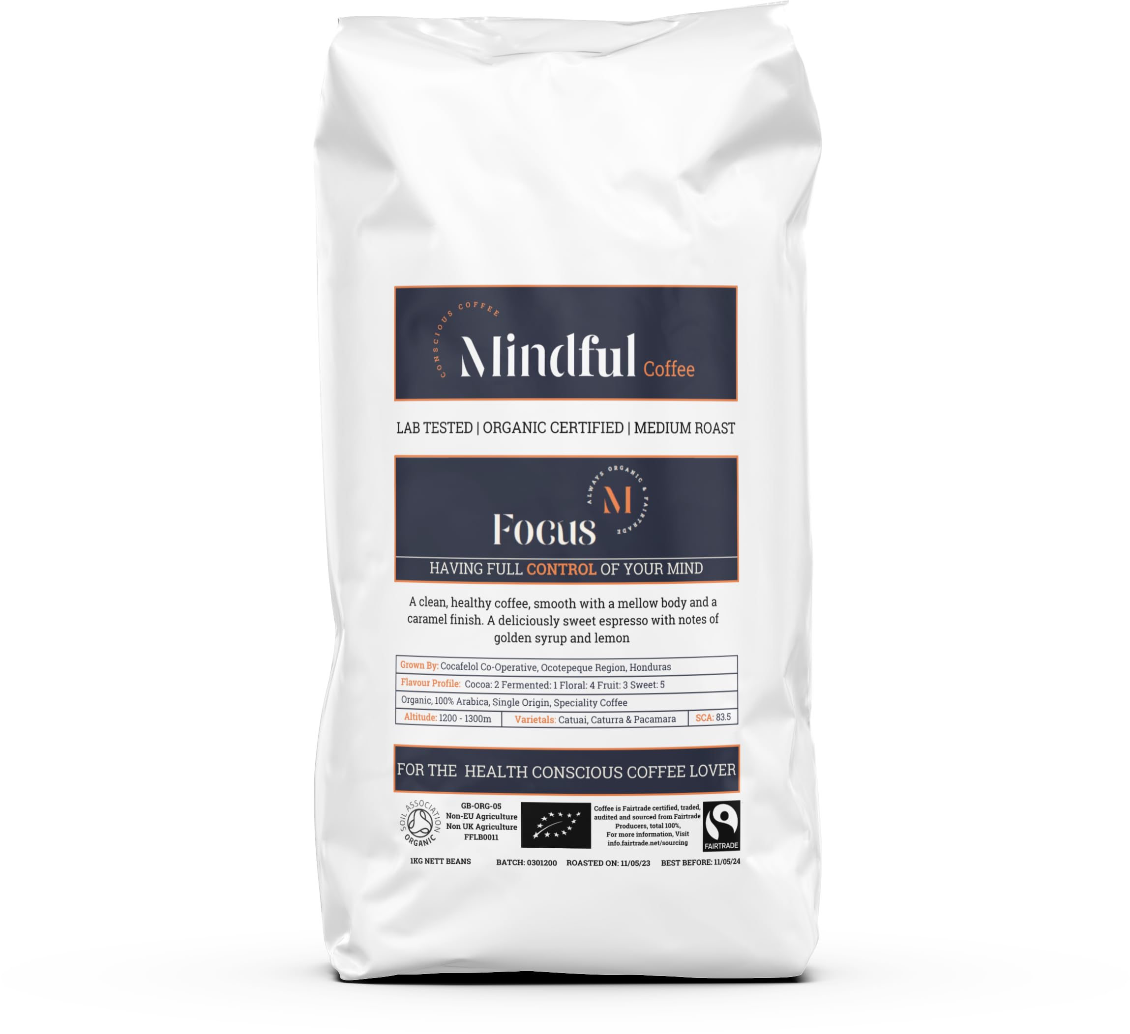 Mindful Coffee - Focus 1kg| Organic Clean Coffee Beans | Lab Tested - Mycotoxin Free| Freshly Roasted |Single Origin Speciality|Whole Beans