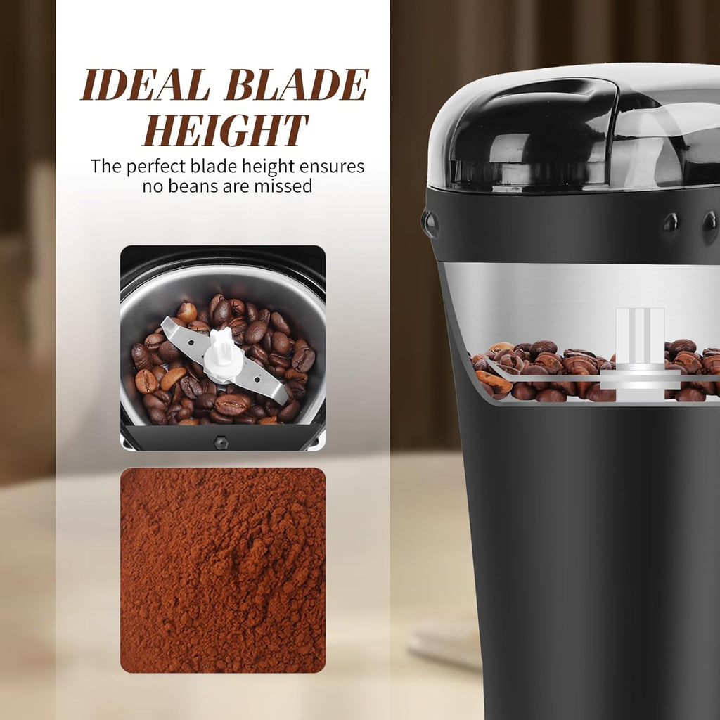 Aigostar Electric Coffee Grinder, Stainless Steel Blade, 200W, 60g Capacity, Cord Storage, Portable & Compact for Coffee Beans, Spice, Nuts, Seeds, Herbs, Black - Breath 30KYI.