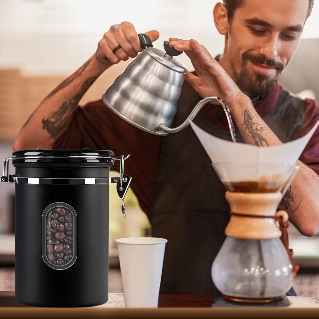 1800ML Airtight Coffee Canister with Date Tracker Transparent Window, 22.8OZ Coffe Beans Storage with 30ML Measure Spoon&4 co2 Valve, Kitchen Food Storage Container for Grounds Coffee,Beans&Tea(Black)