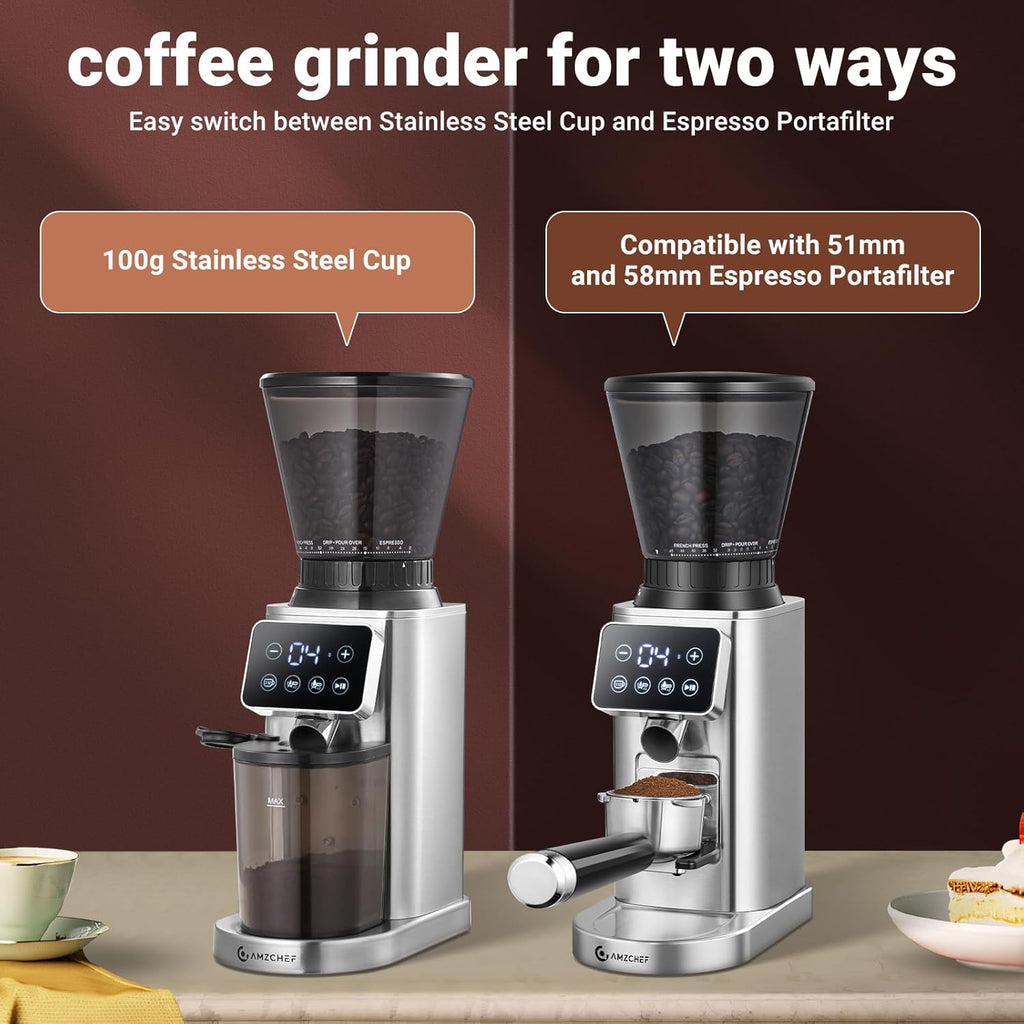 AMZCHEF Electric-Coffee-Grinder, Burr Coffee Grinder with 45 Precise Grind Settings, Adjustable Portafilter Holder & LED Touchscreen - Anti-Static, Memory Function, Easy Clean