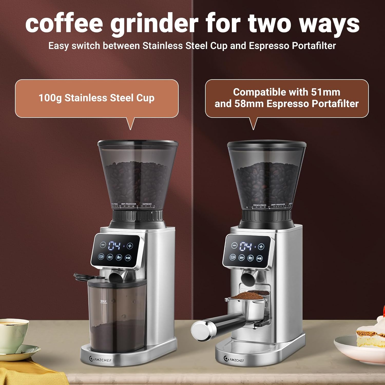 AMZCHEF Electric-Coffee-Grinder, Burr Coffee Grinder with 45 Precise Grind Settings, Adjustable Portafilter Holder & LED Touchscreen - Anti-Static, Memory Function, Easy Clean