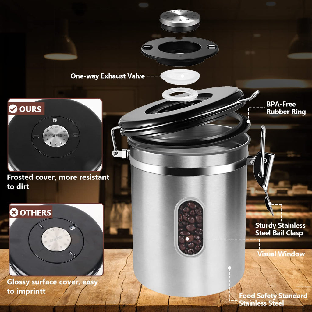 1800ML Airtight Coffee Canister with Date Tracker Transparent Window, 22.8OZ Coffe Beans Storage with 30ML Measure Spoon&4 co2 Valve, Kitchen Food Storage Container for Grounds Coffee,Beans&Tea(Black)