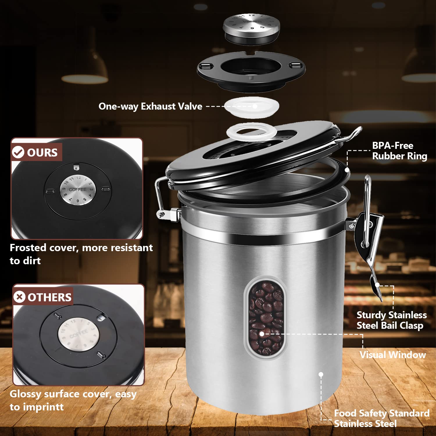 1800ML Airtight Coffee Canister with Date Tracker Transparent Window, 22.8OZ Coffe Beans Storage with 30ML Measure Spoon&4 co2 Valve, Kitchen Food Storage Container for Grounds Coffee,Beans&Tea(Black)