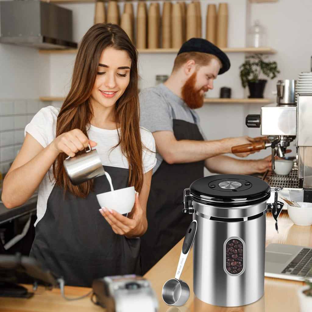 1800ML Airtight Coffee Canister with Date Tracker Transparent Window, 22.8OZ Coffe Beans Storage with 30ML Measure Spoon&4 co2 Valve, Kitchen Food Storage Container for Grounds Coffee,Beans&Tea(Black)