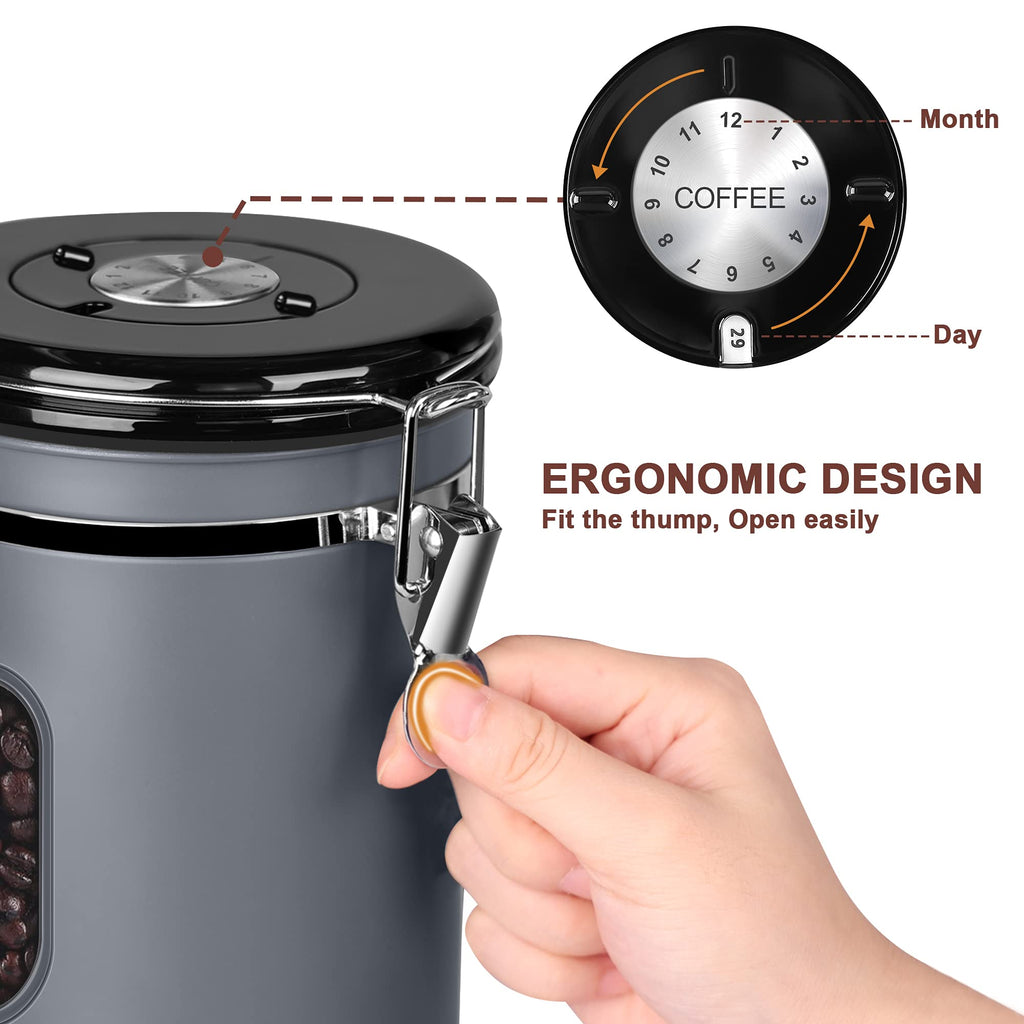 1800ML Airtight Coffee Canister with Date Tracker Transparent Window, 22.8OZ Coffe Beans Storage with 30ML Measure Spoon&4 co2 Valve, Kitchen Food Storage Container for Grounds Coffee,Beans&Tea(Black)