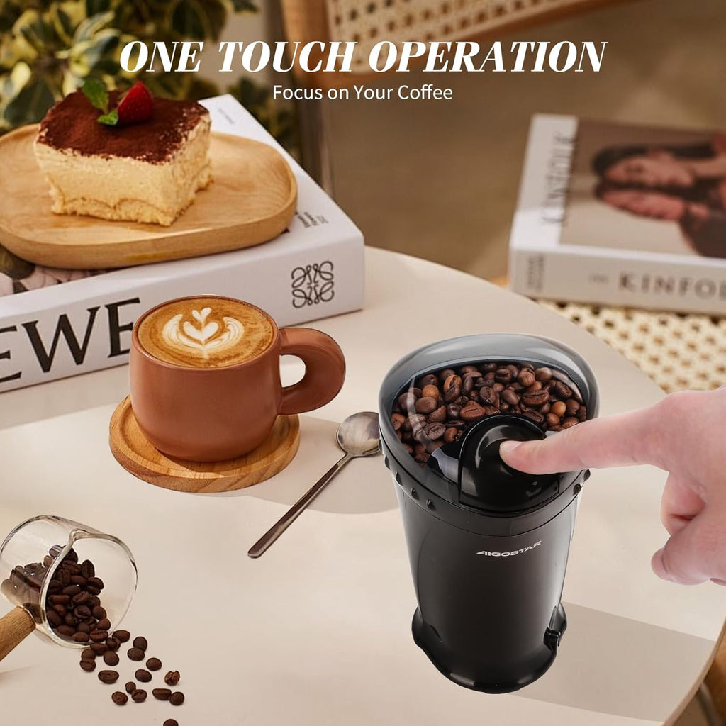 Aigostar Electric Coffee Grinder, Stainless Steel Blade, 200W, 60g Capacity, Cord Storage, Portable & Compact for Coffee Beans, Spice, Nuts, Seeds, Herbs, Black - Breath 30KYI.