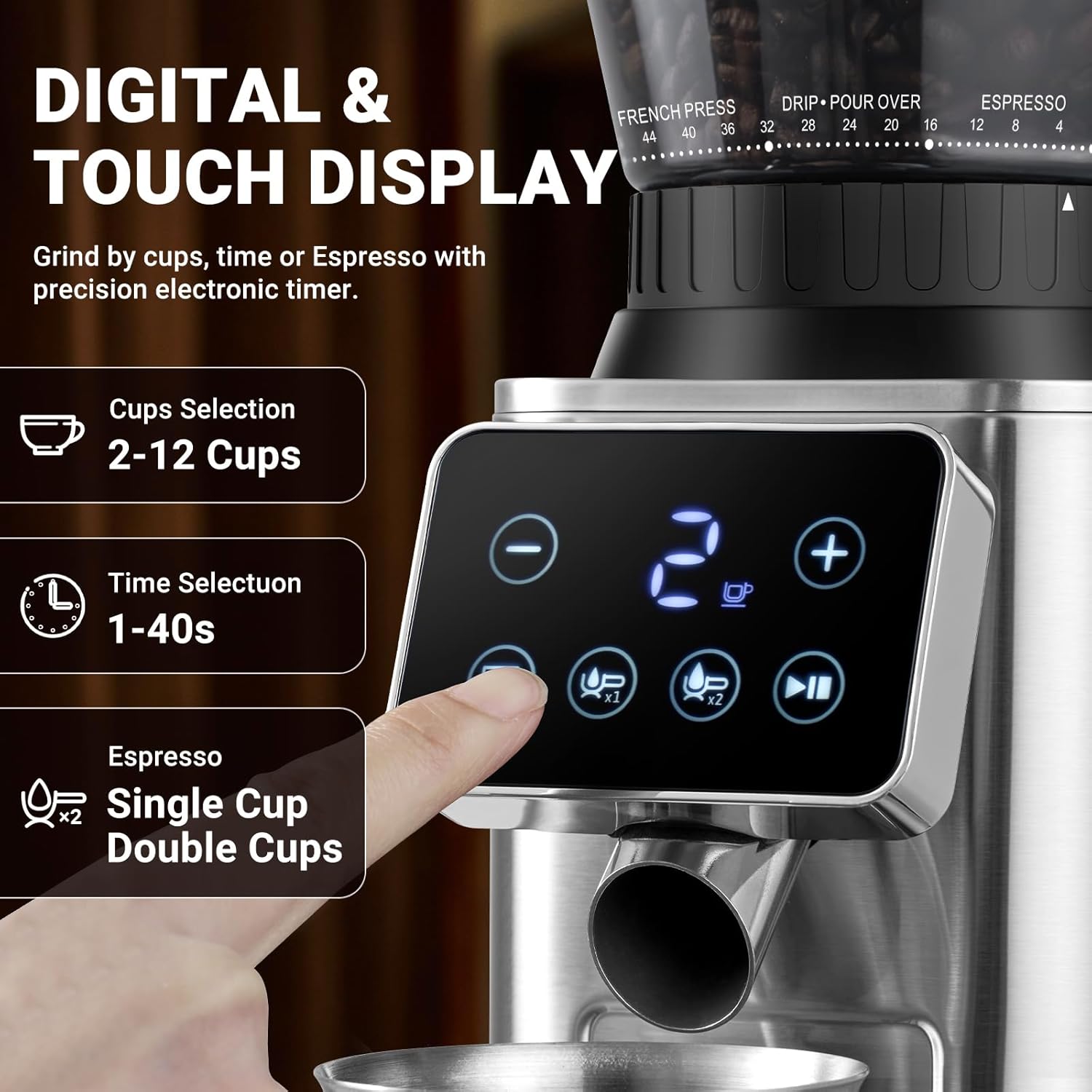 AMZCHEF Electric-Coffee-Grinder, Burr Coffee Grinder with 45 Precise Grind Settings, Adjustable Portafilter Holder & LED Touchscreen - Anti-Static, Memory Function, Easy Clean