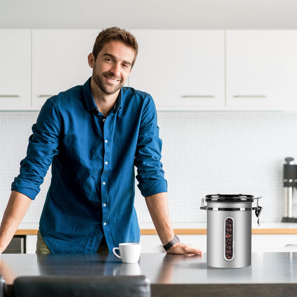 1800ML Airtight Coffee Canister with Date Tracker Transparent Window, 22.8OZ Coffe Beans Storage with 30ML Measure Spoon&4 co2 Valve, Kitchen Food Storage Container for Grounds Coffee,Beans&Tea(Black)