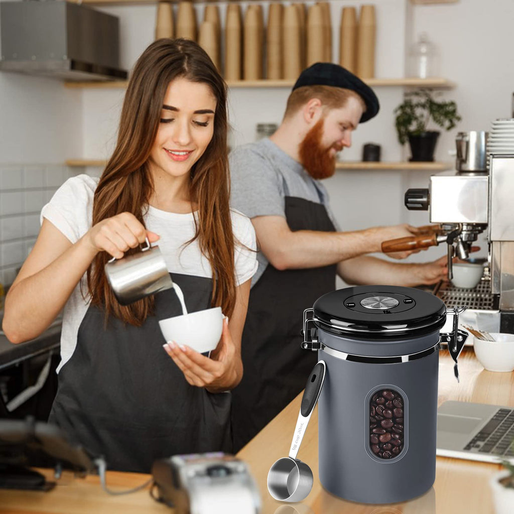 1800ML Airtight Coffee Canister with Date Tracker Transparent Window, 22.8OZ Coffe Beans Storage with 30ML Measure Spoon&4 co2 Valve, Kitchen Food Storage Container for Grounds Coffee,Beans&Tea(Black)