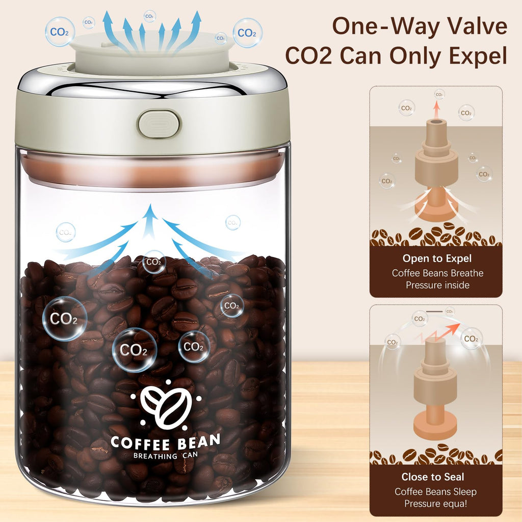 1700ML Airtight Coffee Canister with One-way CO2 Valve, Borosilicate Glass Coffee Bean Storage Jar with Date Tracker, Wide-Mouth Kitchen Storage Container for Sugar, Tea, Nuts
