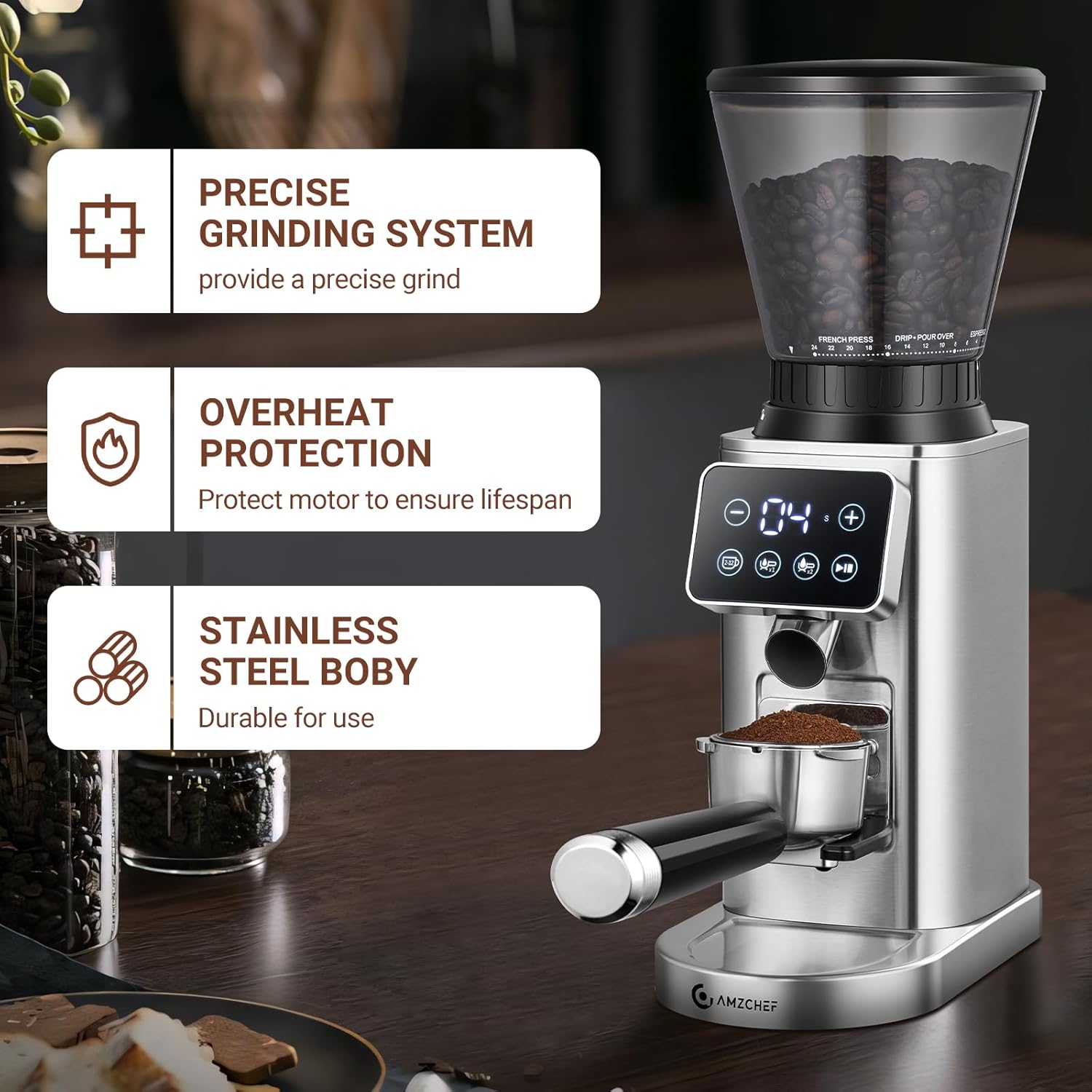 AMZCHEF Electric-Coffee-Grinder, Burr Coffee Grinder with 45 Precise Grind Settings, Adjustable Portafilter Holder & LED Touchscreen - Anti-Static, Memory Function, Easy Clean