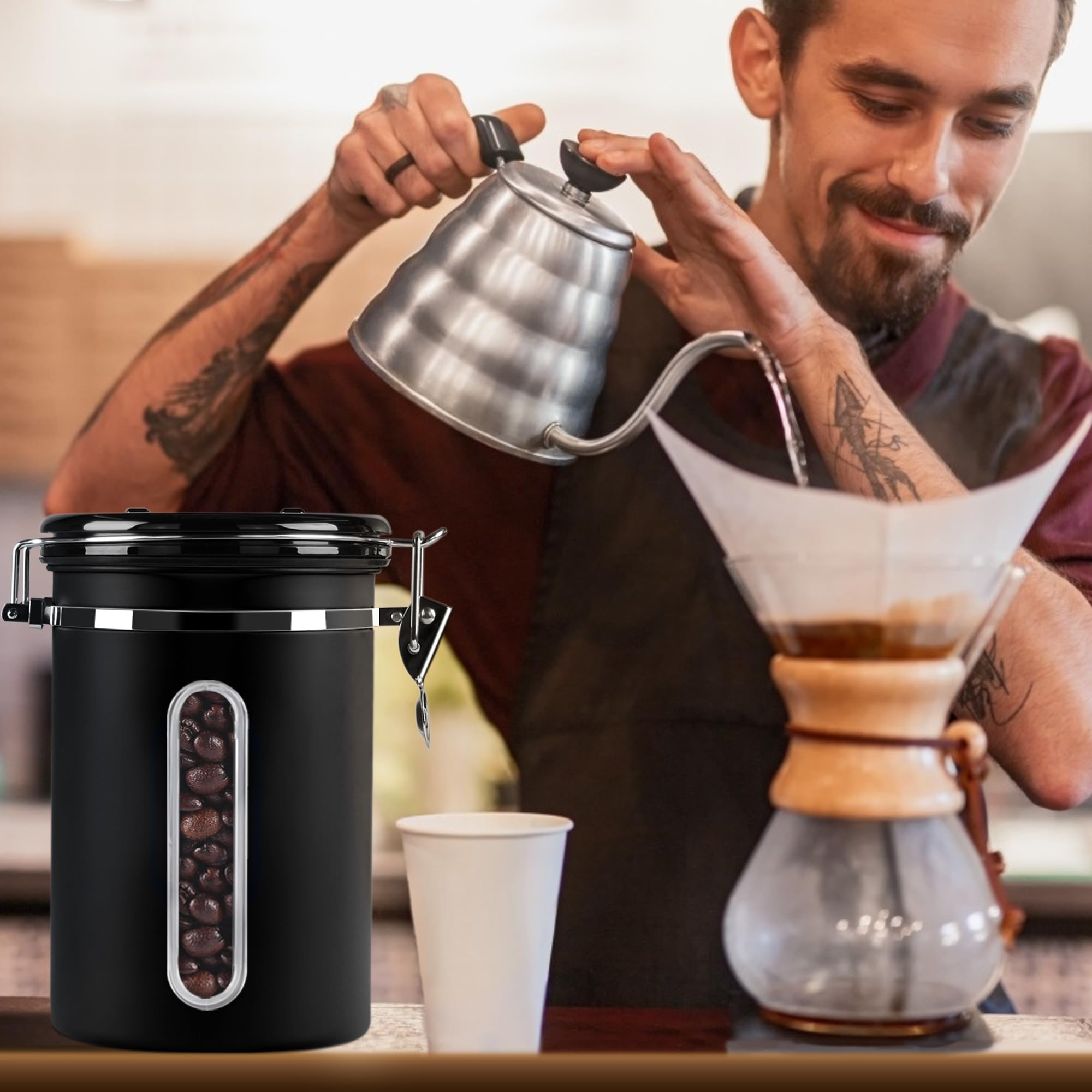 1800ML Airtight Coffee Canister with Date Tracker Transparent Window, 22.8OZ Coffe Beans Storage with 30ML Measure Spoon&4 co2 Valve, Kitchen Food Storage Container for Grounds Coffee,Beans&Tea(Black)