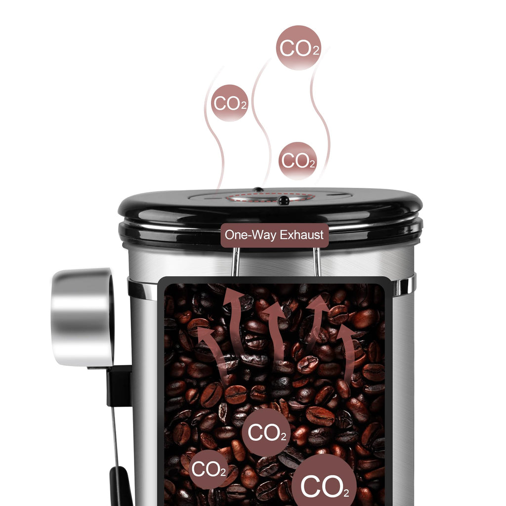 1800ML Airtight Coffee Canister with Date Tracker Transparent Window, 22.8OZ Coffe Beans Storage with 30ML Measure Spoon&4 co2 Valve, Kitchen Food Storage Container for Grounds Coffee,Beans&Tea(Black)