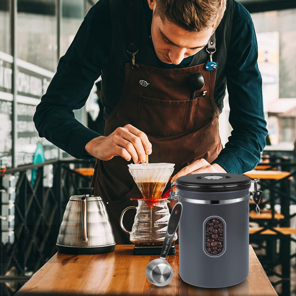 1800ML Airtight Coffee Canister with Date Tracker Transparent Window, 22.8OZ Coffe Beans Storage with 30ML Measure Spoon&4 co2 Valve, Kitchen Food Storage Container for Grounds Coffee,Beans&Tea(Black)
