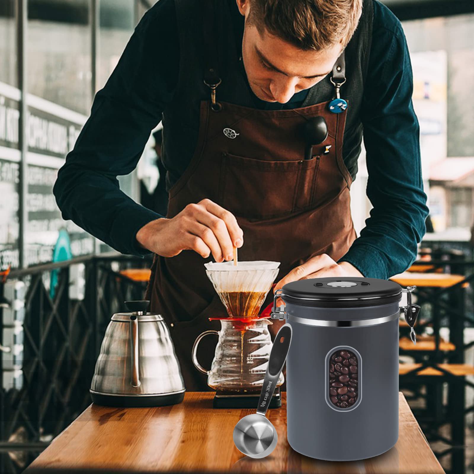 1800ML Airtight Coffee Canister with Date Tracker Transparent Window, 22.8OZ Coffe Beans Storage with 30ML Measure Spoon&4 co2 Valve, Kitchen Food Storage Container for Grounds Coffee,Beans&Tea(Black)