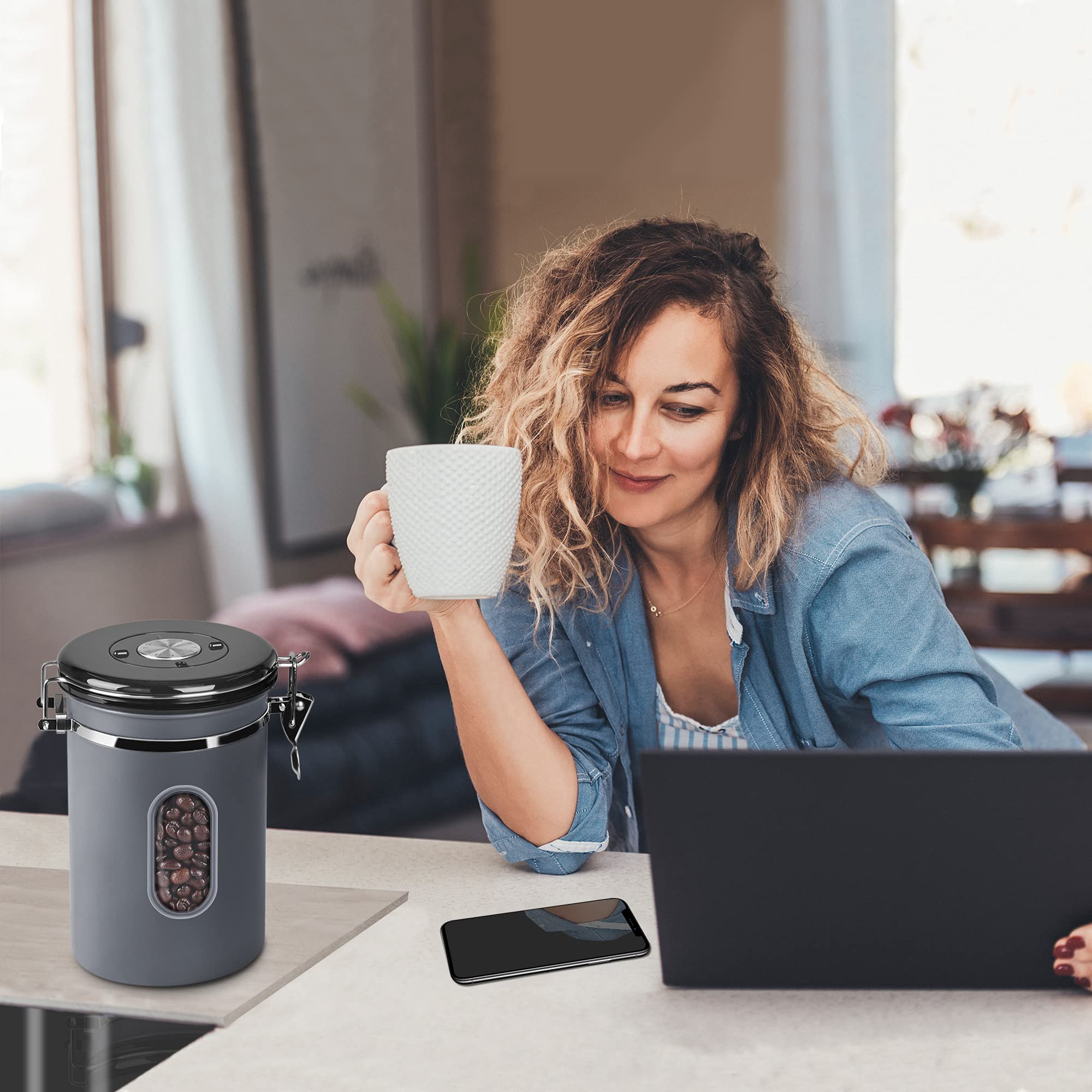 1800ML Airtight Coffee Canister with Date Tracker Transparent Window, 22.8OZ Coffe Beans Storage with 30ML Measure Spoon&4 co2 Valve, Kitchen Food Storage Container for Grounds Coffee,Beans&Tea(Black)