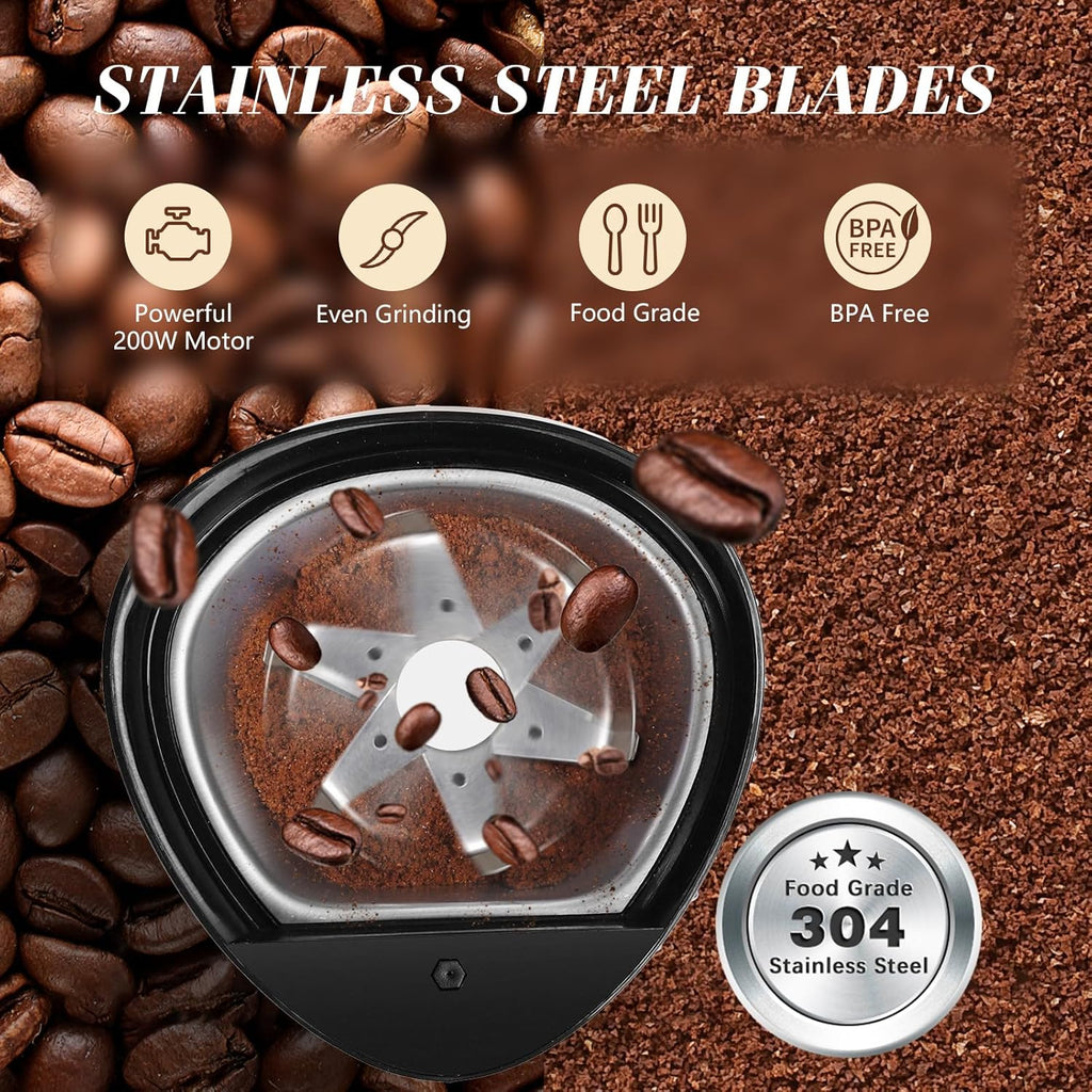 Aigostar Electric Coffee Grinder, Stainless Steel Blade, 200W, 60g Capacity, Cord Storage, Portable & Compact for Coffee Beans, Spice, Nuts, Seeds, Herbs, Black - Breath 30KYI.