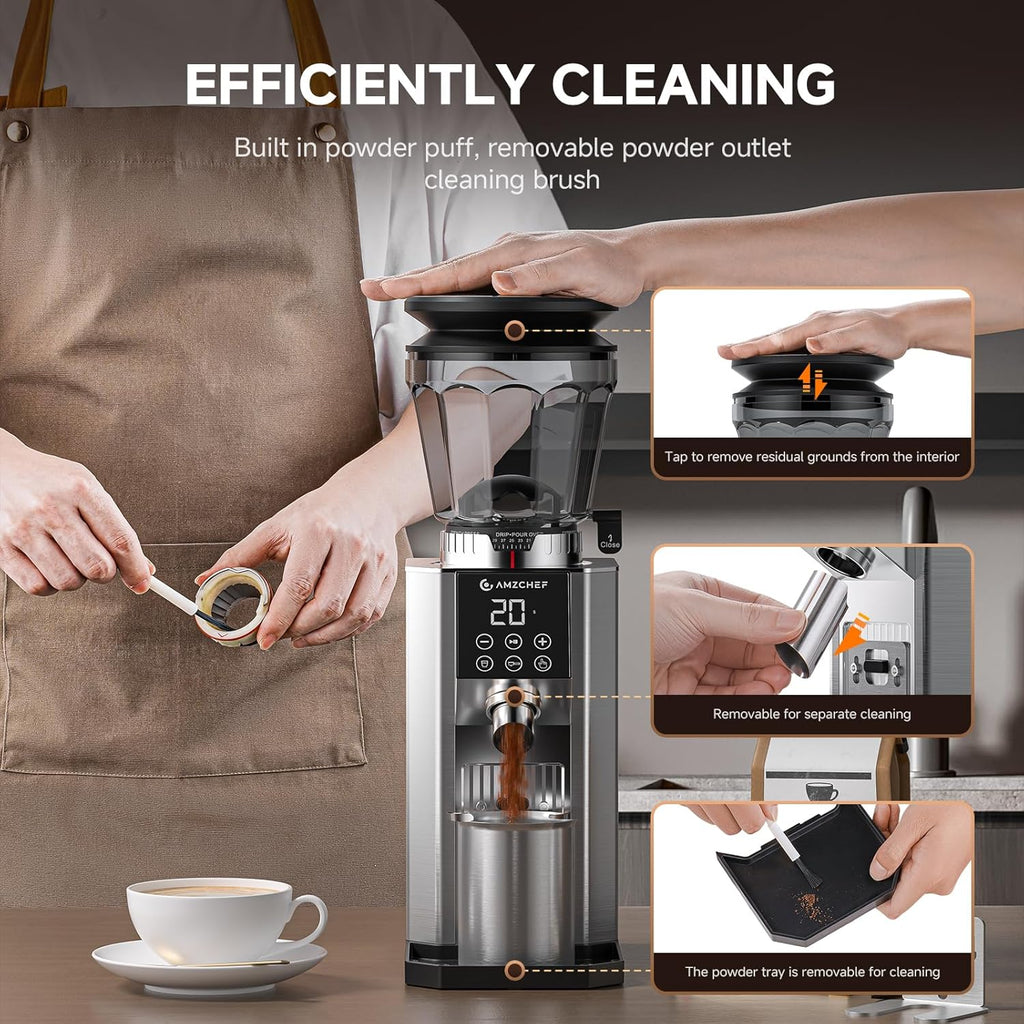 AMZCHEF Electric-Coffee-Grinder, Burr Coffee Grinder with 45 Precise Grind Settings, Adjustable Portafilter Holder & LED Touchscreen - Anti-Static, Memory Function, Easy Clean