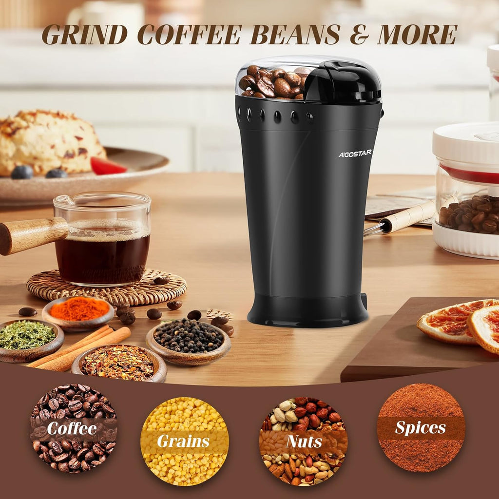 Aigostar Electric Coffee Grinder, Stainless Steel Blade, 200W, 60g Capacity, Cord Storage, Portable & Compact for Coffee Beans, Spice, Nuts, Seeds, Herbs, Black - Breath 30KYI.