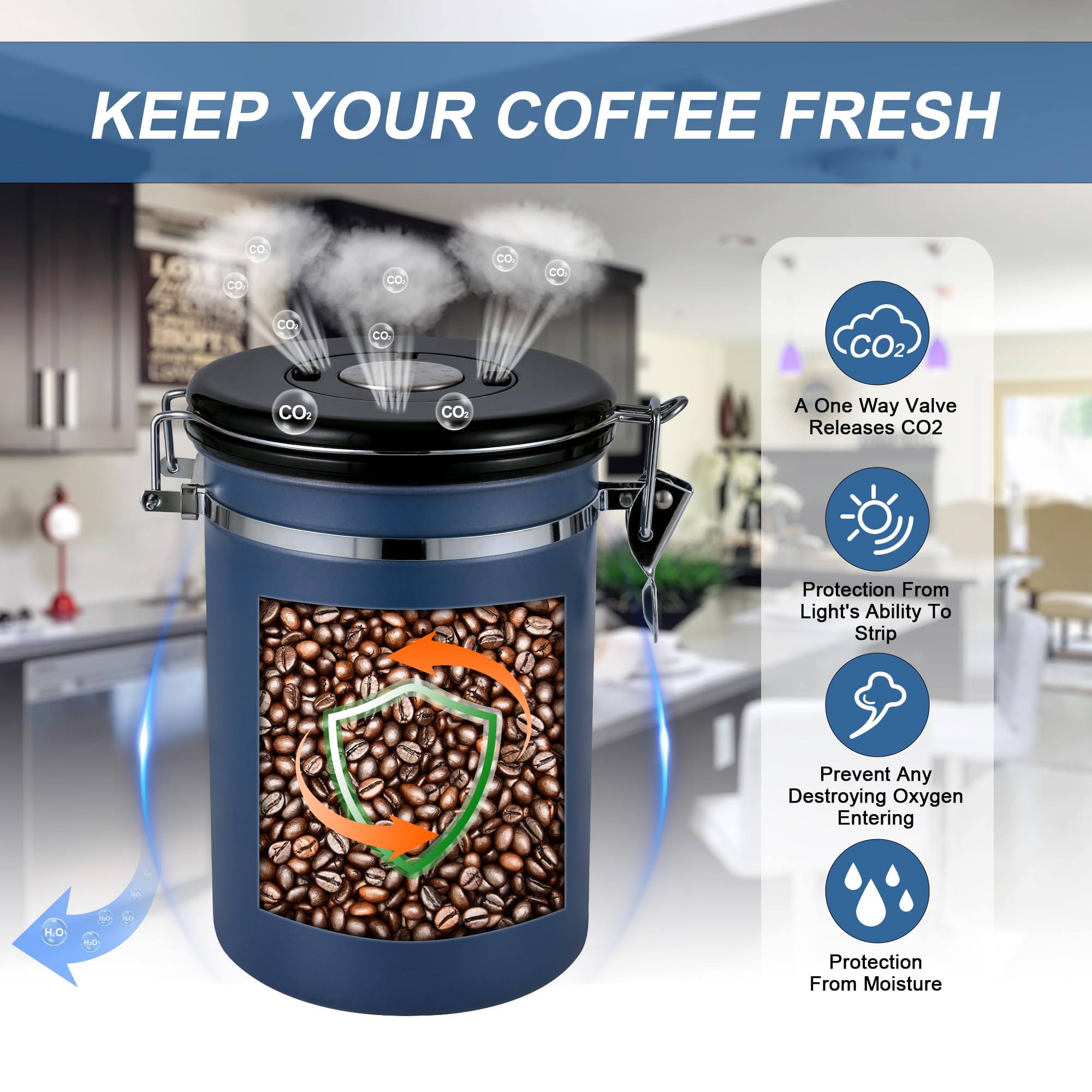 1800ML Airtight Coffee Canister with Date Tracker Transparent Window, 22.8OZ Coffe Beans Storage with 30ML Measure Spoon&4 co2 Valve, Kitchen Food Storage Container for Grounds Coffee,Beans&Tea(Black)